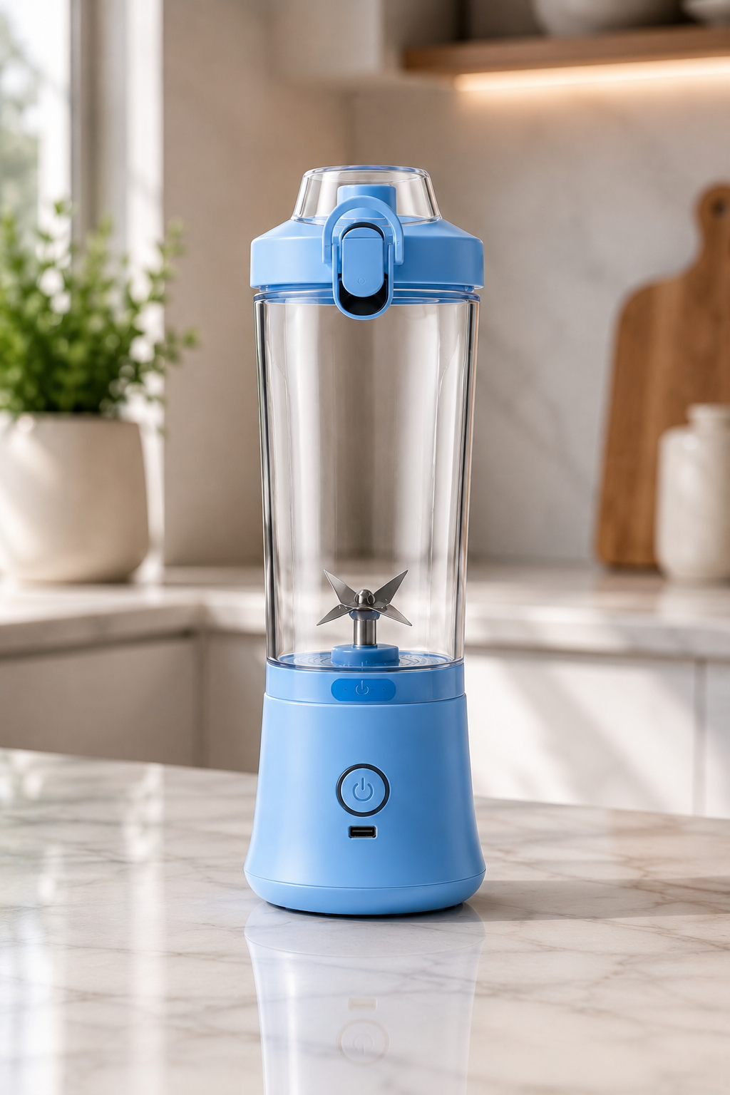Meonix BlendGo Pro portable blender with black body and stainless steel accents, featuring a compact design and blending container.