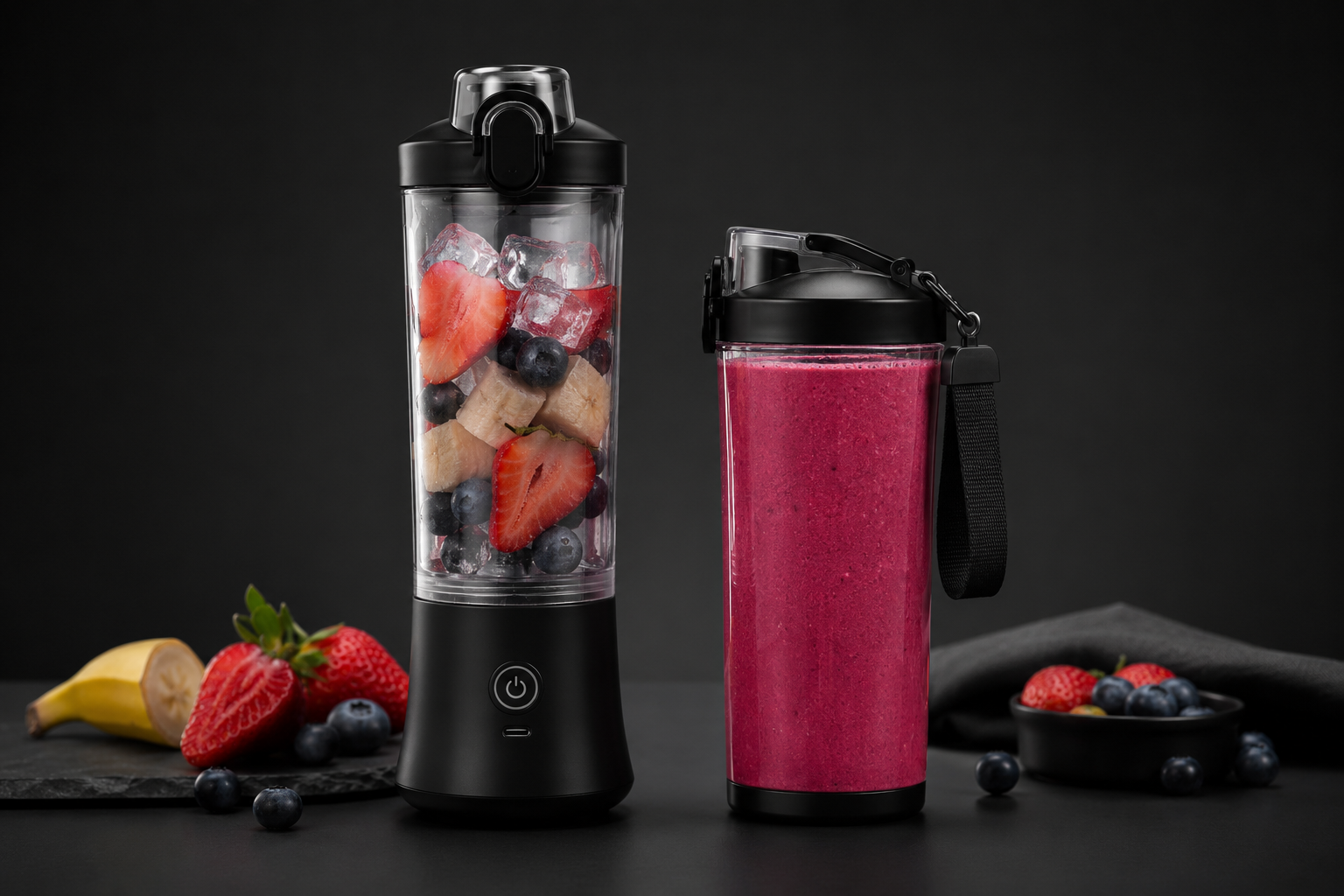 Meonix BlendGo Pro portable blender in sleek black with blending jar and control buttons, ideal for smoothies and drinks.