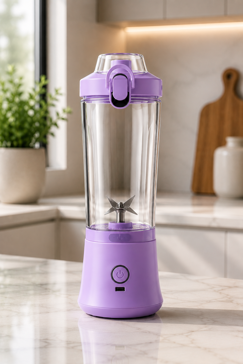 Meonix BlendGo Pro portable blender with transparent blending jar and sleek black base, compact and modern design