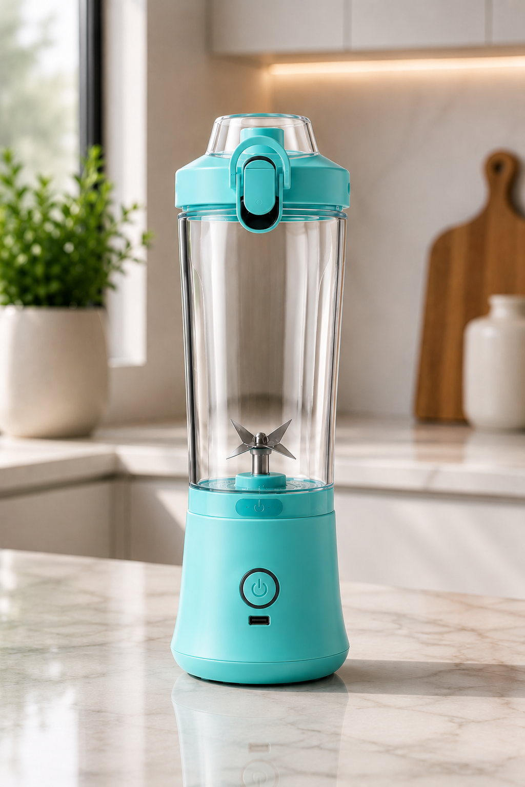 Meonix BlendGo Pro portable blender with stainless steel body and black lid, ideal for smoothies and on-the-go blending.