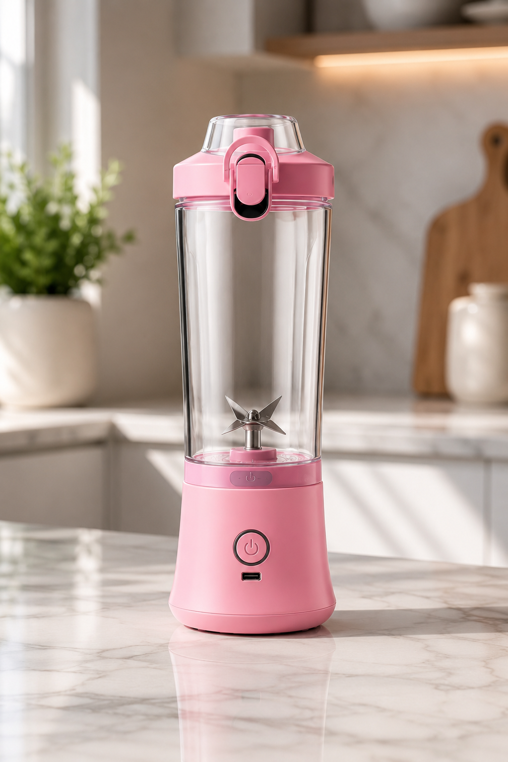 Meonix BlendGo Pro portable blender with black lid and clear container, showing its compact design and blending blades inside.